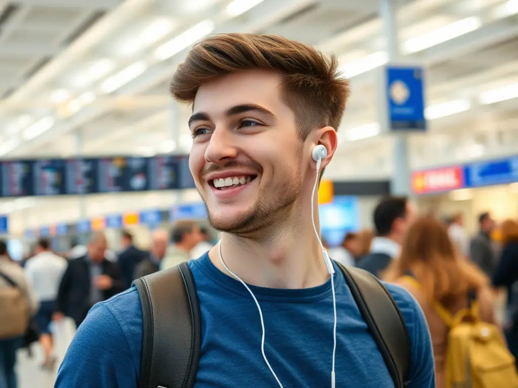 A person wearing LinguaPods earpods and smiling while talking to someone in a bustling international airport. The focus is on the earpods and the ease of communication they provide in a travel setting.
