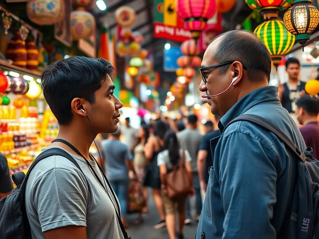 A person wearing LinguaPods earpods while having a conversation with someone who speaks a different language. The background shows a bustling international marketplace.
