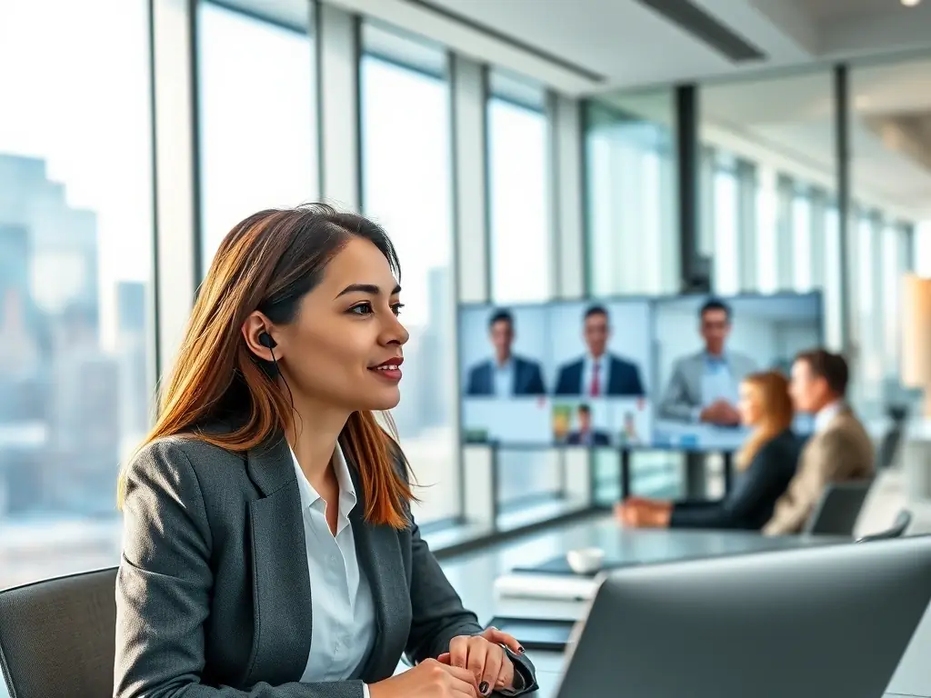 A professional using LinguaPods during a business meeting with international colleagues. The setting is a modern office, and the focus is on the device facilitating clear and effective communication.