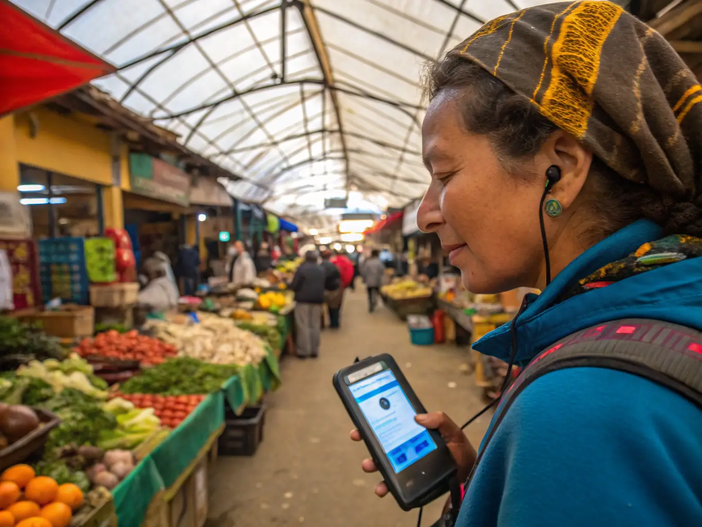 A traveler wearing LinguaPods Travel Earpods while exploring a foreign city, using the real-time translation feature to communicate with a local vendor.