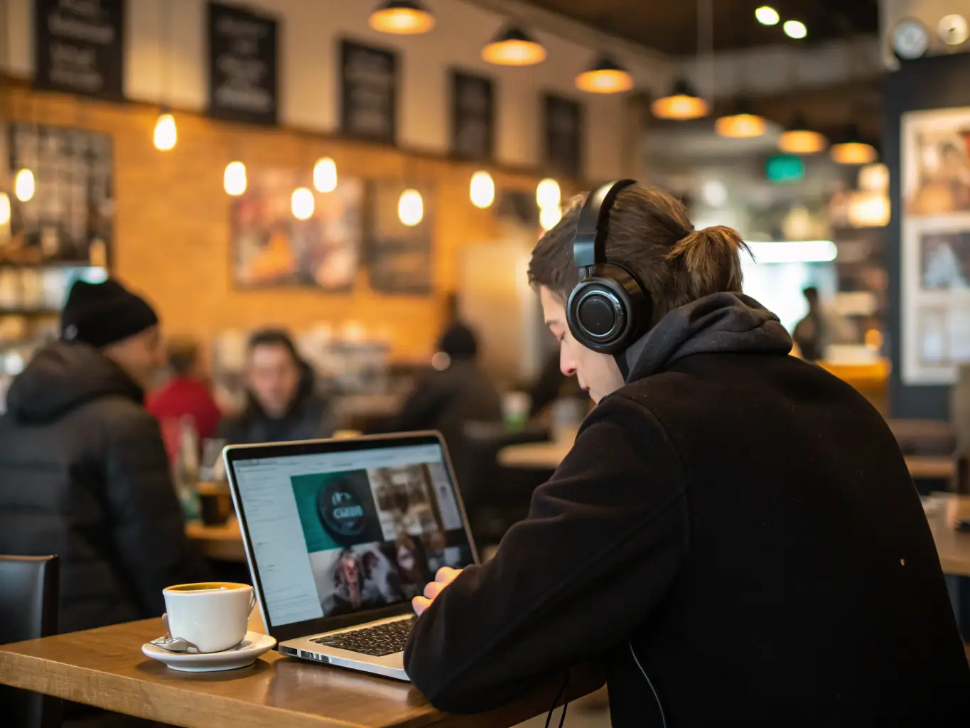 A person wearing LinguaPods Noise-Canceling Headphones in a busy coffee shop, completely focused on a video call. The background is blurred to emphasize the noise cancellation feature.