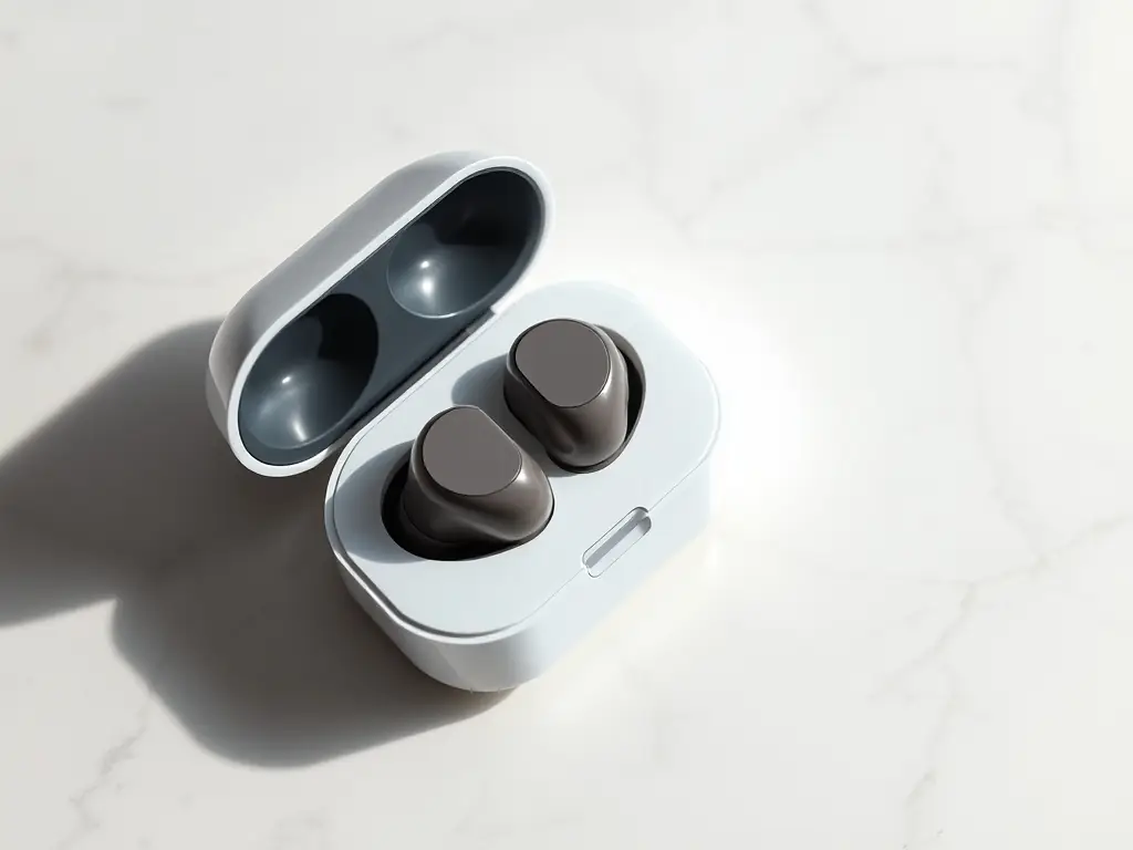 A close-up shot of LinguaPods earpods in their charging case, highlighting their sleek design and portability. The background is a minimalist workspace with a laptop and a notebook.