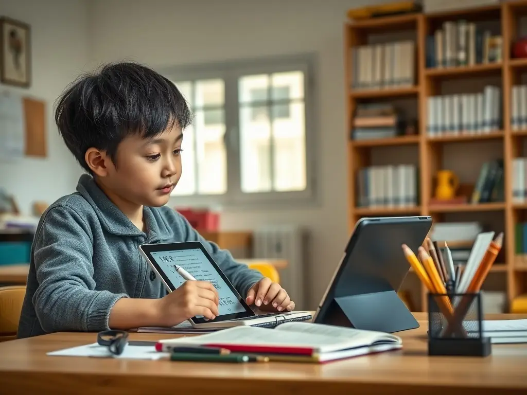 A student wearing LinguaPods earpods while studying a foreign language with a textbook and a tablet showing a language learning app. The scene is set in a bright, modern study room.
