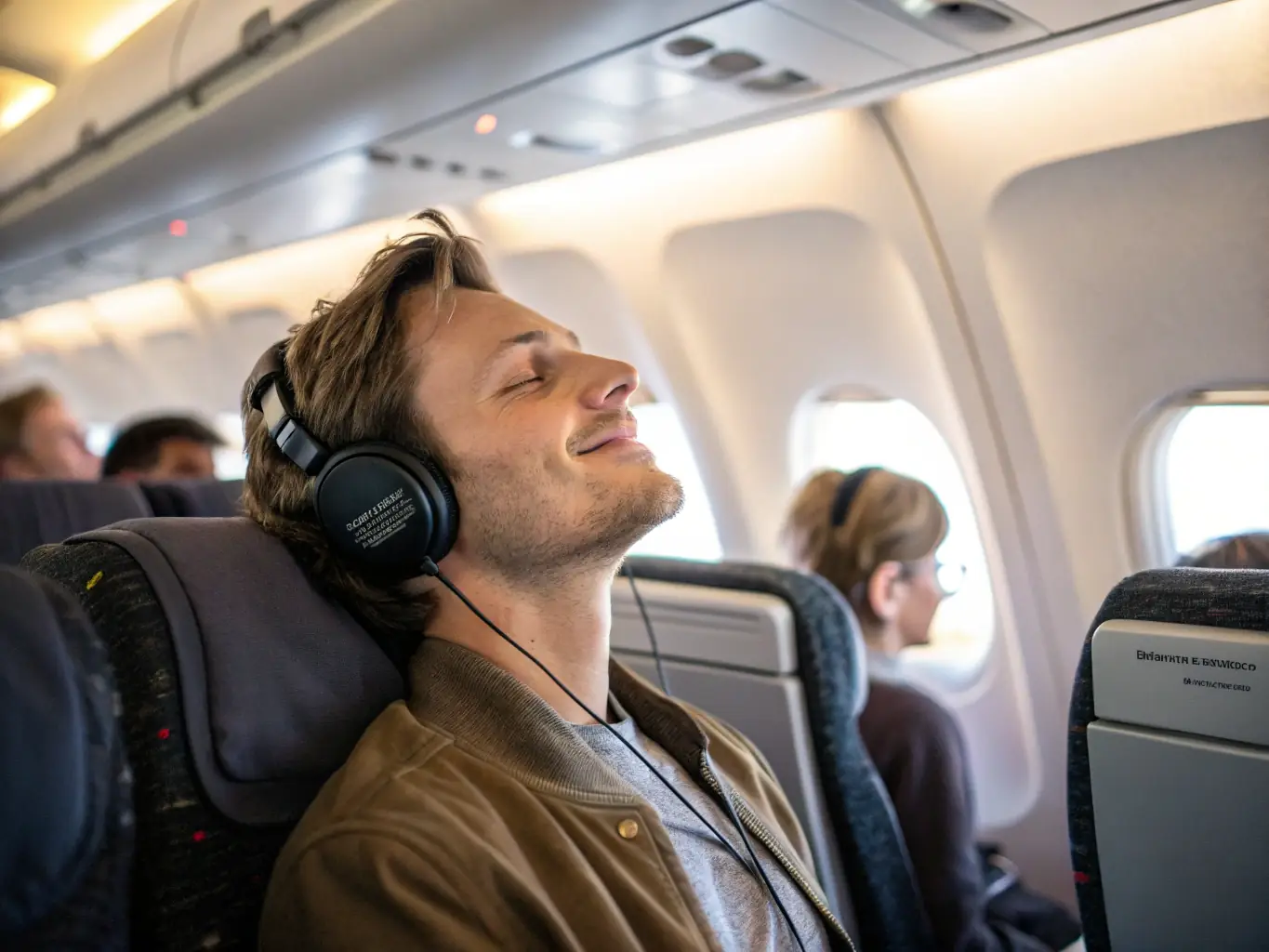 A professional wearing LinguaPods Bluetooth Headphones during a long flight, enjoying music and staying connected with colleagues.
